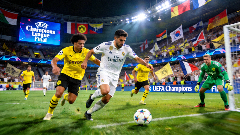 欧洲冠军联赛决赛现场，皇家马德里对阵多特蒙德的激烈比赛画面